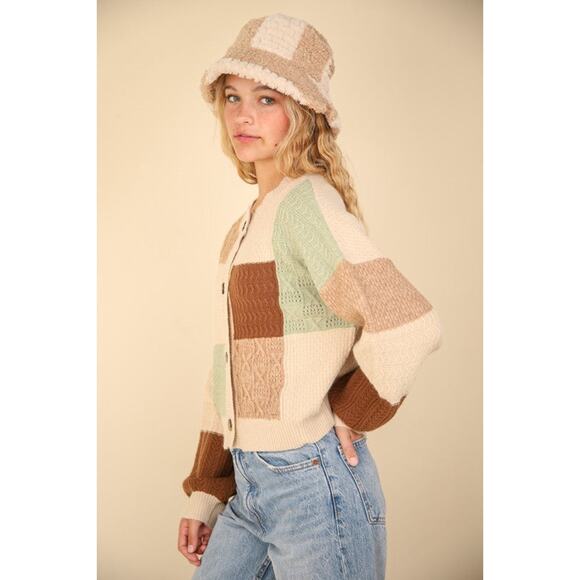 VERY J Color Block Button Down Textured Knit Cropped Sweater Cardigan | Oatmeal - Picture 7 of 10